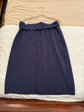 Banana Republic Navy Pinstripe Midi Skirt with Self-Belt
